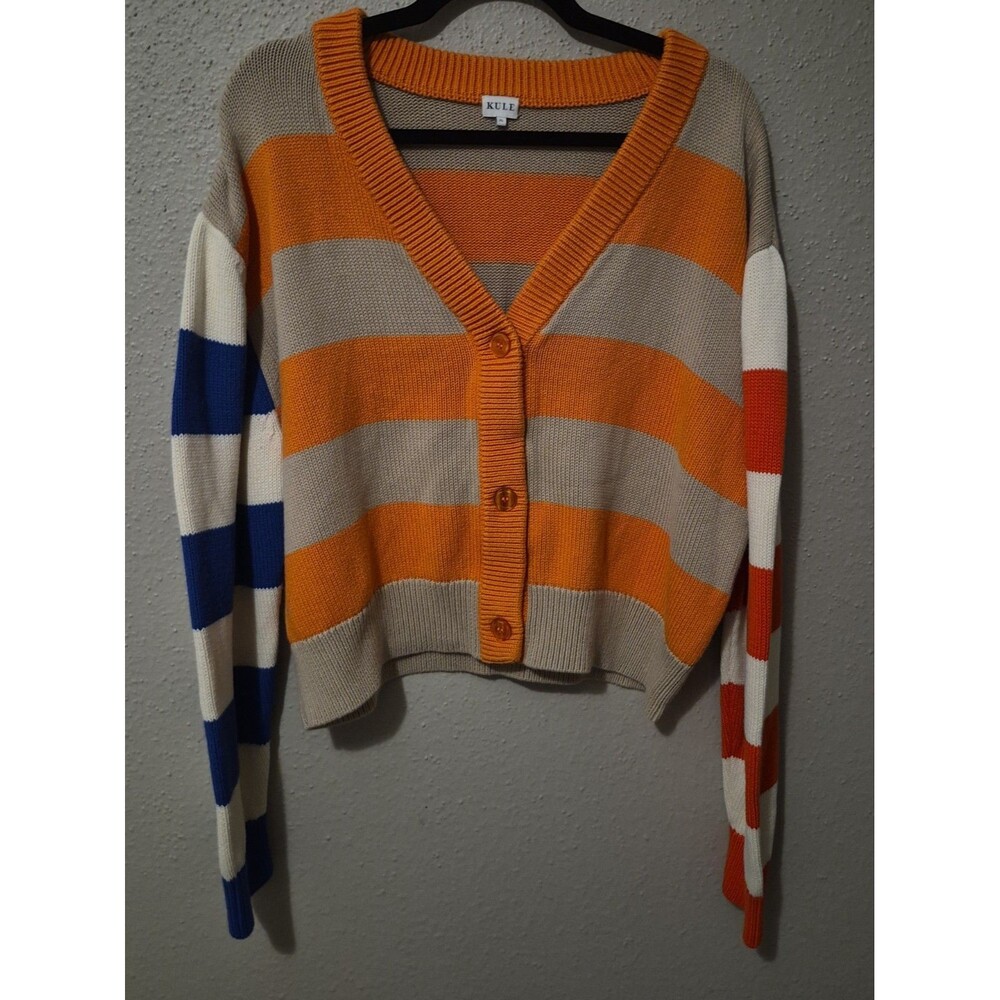 Anthropologie Kule Remus Wool Cotton Cardigan Striped Colorblock Button Size XL